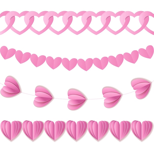 Roze naadloze papieren slingers van harten Valentine geïsoleerd op een witte achtergrond