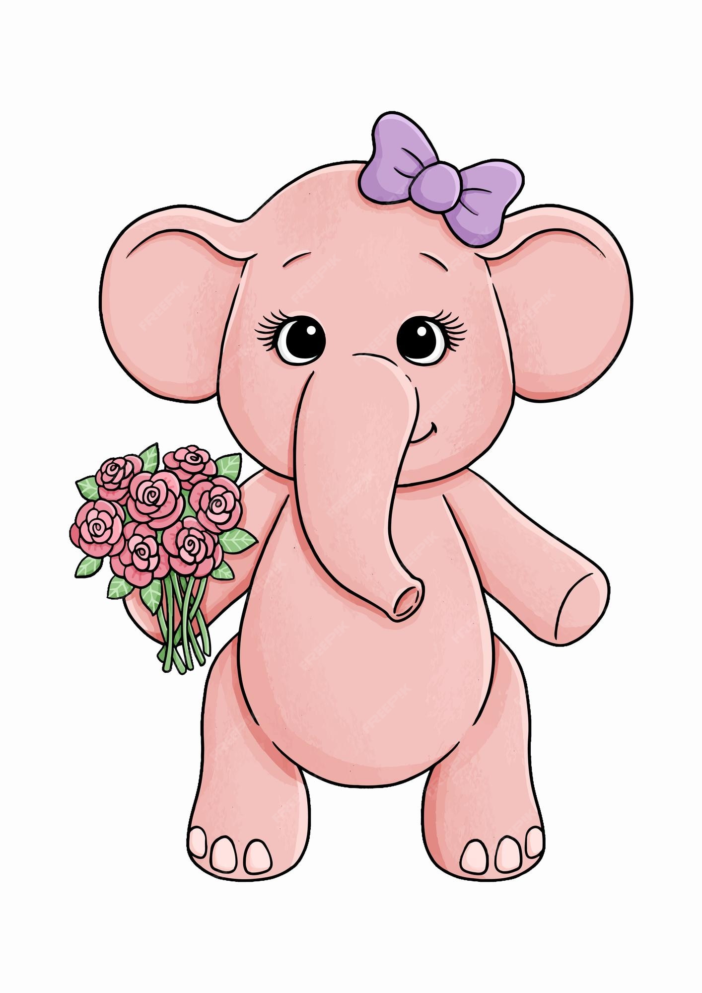 Roze olifant in strik met bloemen vectorillustratie Premium