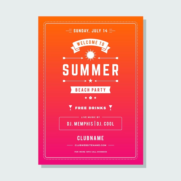 Roze oranje gradiënt zomer strandfeest poster disco evenement aankondiging met plaats voor tekst vector