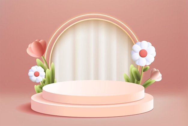 Roze pastel dubbel podium 3d met bloem op roze scane abstracte background