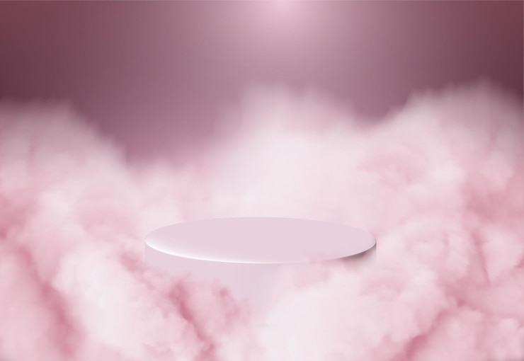 Vector roze productpodium met roze wolken op roze achtergrond