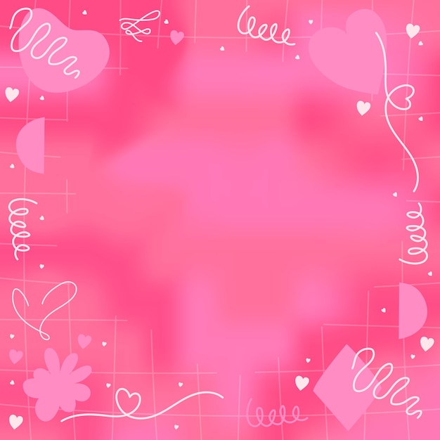 Roze romantische wazig mesh gradiënt abstracte vierkante banner achtergrond met kopie ruimte en handgetekende kawaii y2k elementen vloeiende en afgeronde lijn doodles