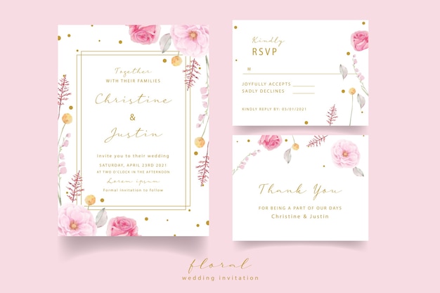 Roze roos aquarel bruiloft uitnodiging