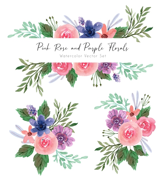 Roze roos en paarse bloemen aquarel set