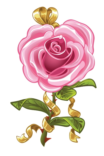 Vector roze roos in de vorm van hart en gouden strik