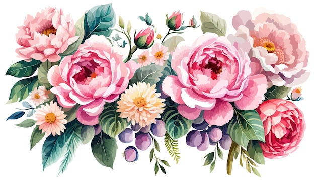 Roze rozen en pioenrozen twijgen bladeren voor composities van rozen bloemenframe met rozenwaterverf