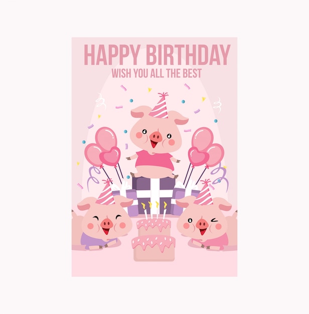 Vector roze schattig varkentje verjaardagskaart