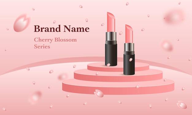 Vector roze stijlvolle lippenstift display stand en merk showcase achtergrond