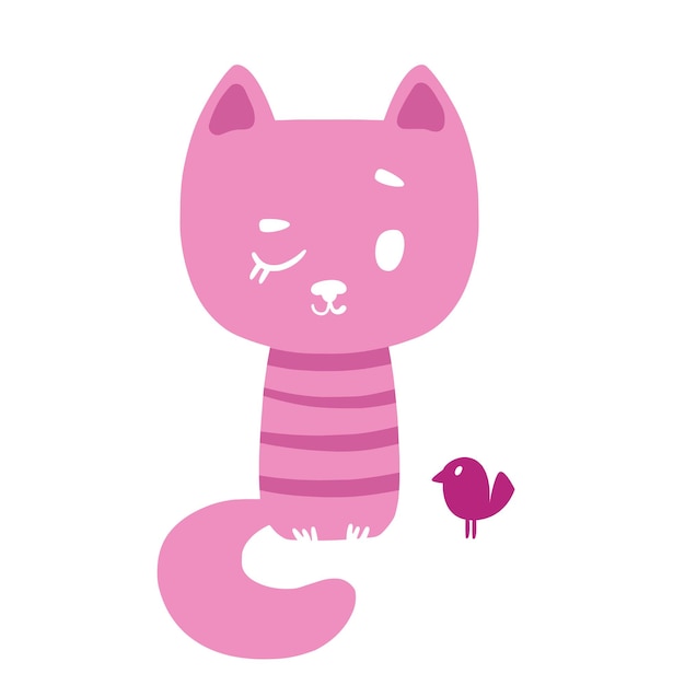 Roze tabby kitten en vogel Vectorillustratie in cartoon kinderstijl Geïsoleerde fun