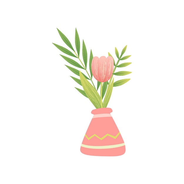 Roze tulp in vaas Hallo lente bloemen ontwerp sjabloon vectorillustratie op witte achtergrond