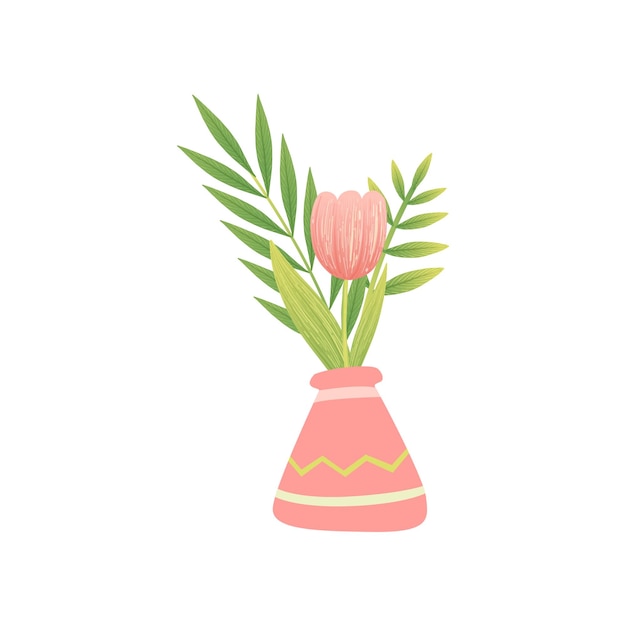 Roze tulp in vaas hallo lente bloemen ontwerp sjabloon vectorillustratie op witte achtergrond