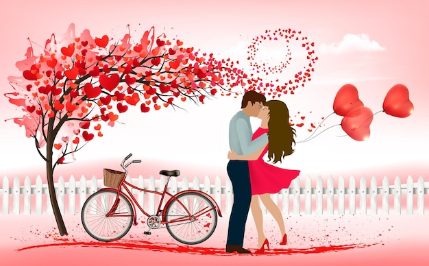 Vector roze vakantie valentijnsdag achtergrond. boom met hartvormige bladeren en verliefd stel en fiets. vector