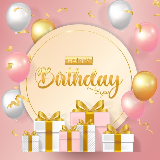 Roze verjaardagskaart met gouden, roze en witte ballonnen en een cadeau vastgebonden met een gouden lint