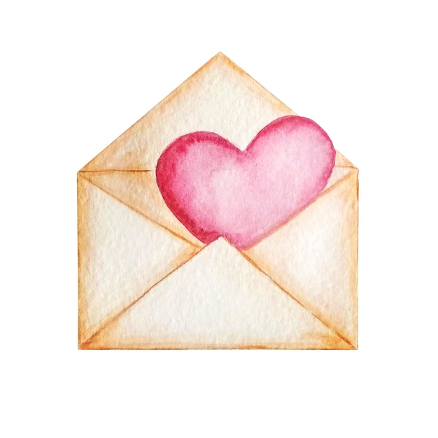 Roze vintage envelop met roze hart. een vel papier, een liefdesboodschap, aquarel illustratie.