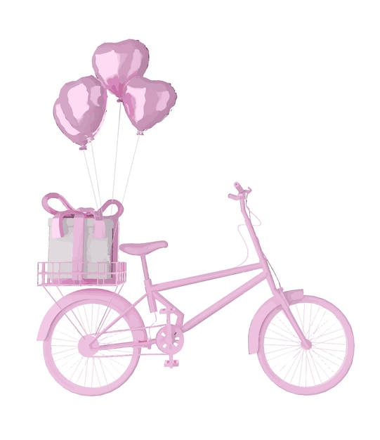 Roze vintage fiets met bloemen in mand en ballonnen hartvorm Ontwerp voor elementen decoratie