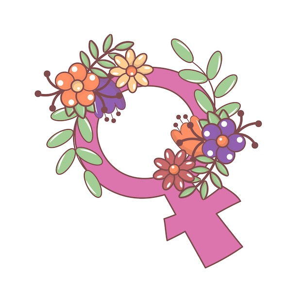 Roze vrouw geslachtssymbool met bloemen en bladeren in doodle stijl