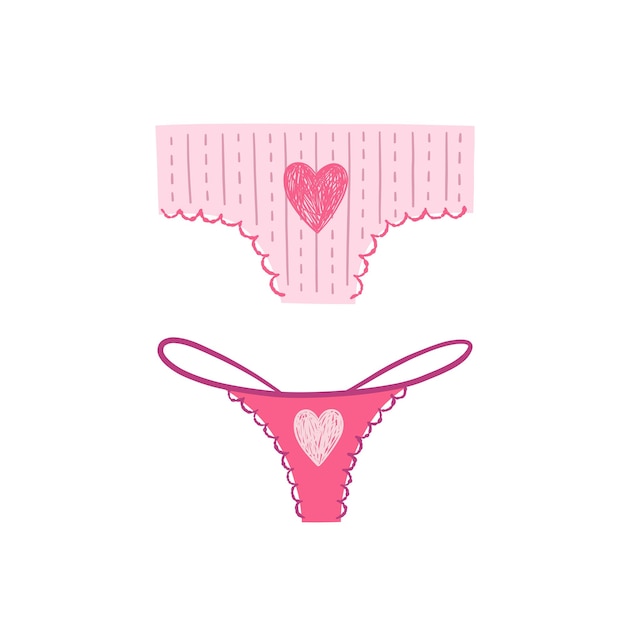 Roze vrouwen slipje vector set. klassieke slip en string met hartsymbool. valentijnsdag kunst