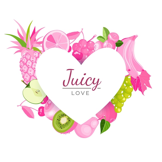 Roze vruchten hart frame met tekst Juicy love. Creatieve poster met exotisch biologisch fruit heel en in plakjes gesneden voor Valentijnsdag, bruiloft, kinderen, banner, T-short print. Vector illustratie.