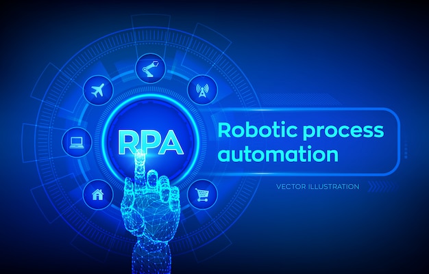 Rpa. 가상 화면의 로봇 프로세스 자동화 혁신 기술 개념. 로봇 손 만지고 디지털 인터페이스.