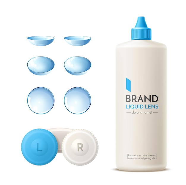 Rrealistic blue contact lens container, silicone lenses and cleaning solution bottle