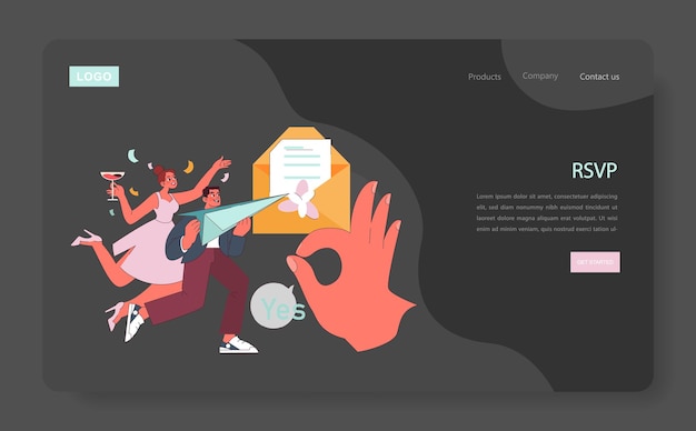 Концепция Rsvp энтузиастическая пара едет на бумажном самолете к гигантскому да конверту Rsvp принимает
