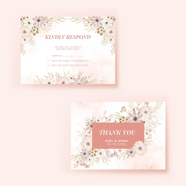 Rsvp and thank you card with flower soft design template