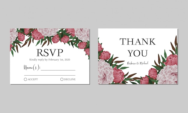 Rsvp. modello di scheda di risposta di nozze con decorazione floreale peonia