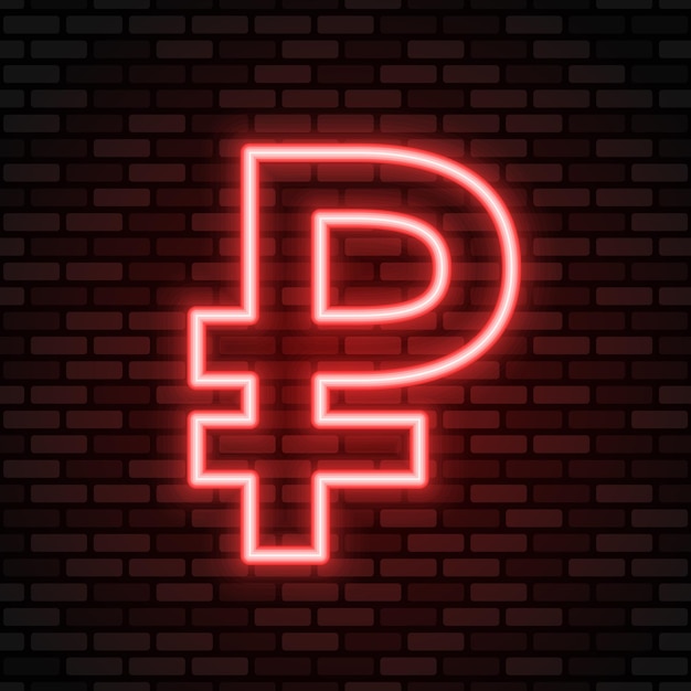 RUB neon icon Red neon sign on dark brick wall Best for polygraphy mobile apps and web design