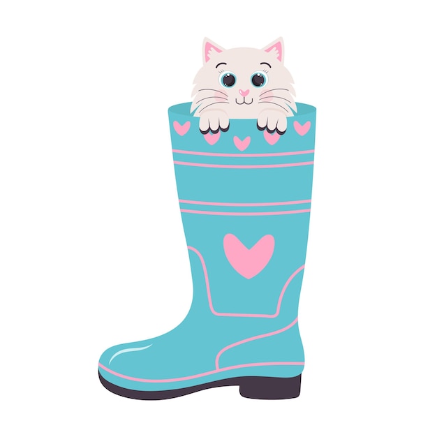 Rubber boot with a cute cat sitting inside the boot Gardening and spring concept Vector illustration