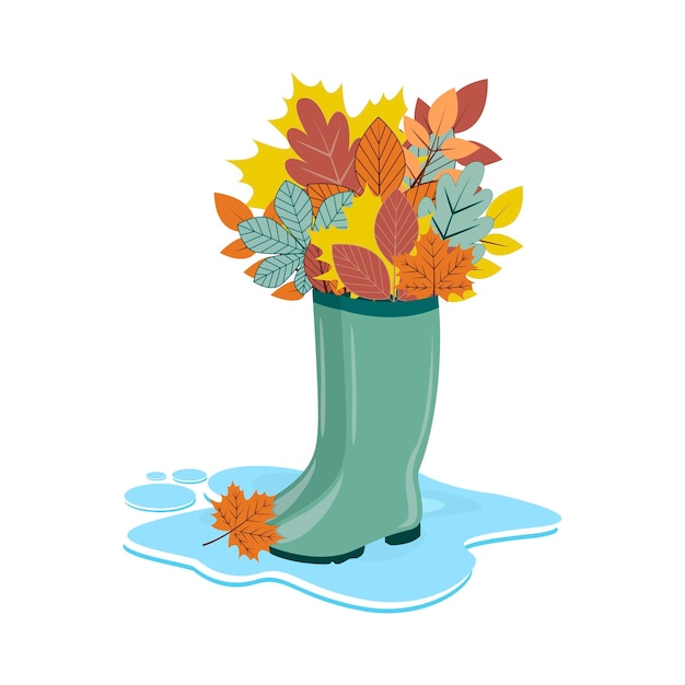 Rubber boots full of autumn leaves standing in a puddle of water after rain vector illustration