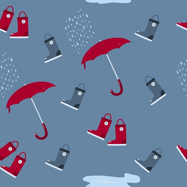 Vector rubber boots and umbrella in rainy weather puddle raindrops seamless pattern