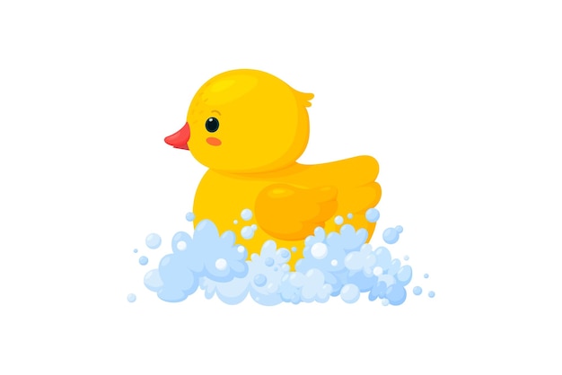 Vector rubber duck in soap foam isolated in white background side view of yellow plastic duckling toy