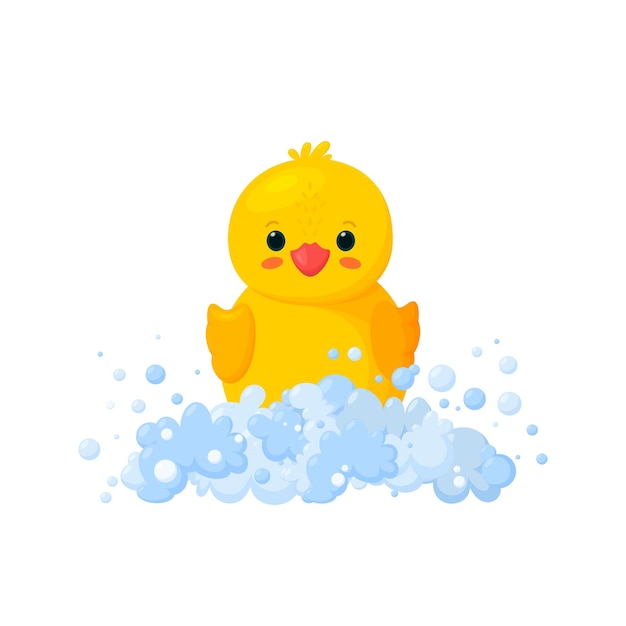 Rubber duck in soap foam with bubbles isolated in white background Front view of yellow duckling toy