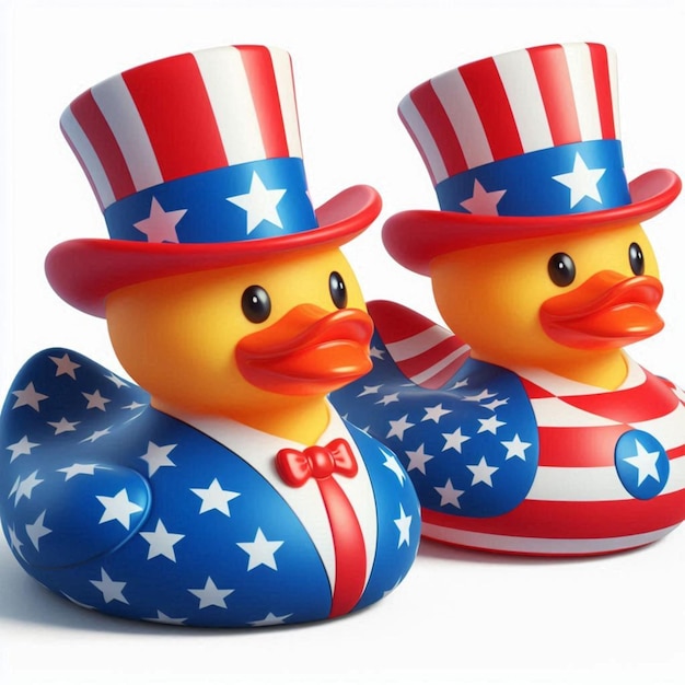 Vector rubber ducks with patriotic hats and flags in red and blue