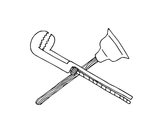 Rubber plunger and adjustable wrench. The emblem of plumbing. Tools for the sewer system.