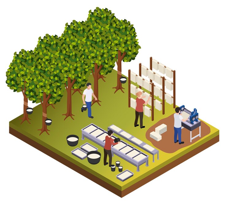 Vector rubber production isometric composition with people gathering sap from trees pouring molds and drying hanging pieces vector illustration