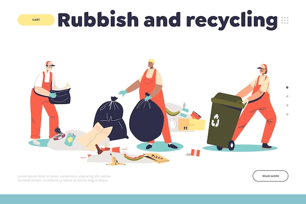 Rubbish and recycling concept of landing page with janitors collecting litter for reuse in trash bin