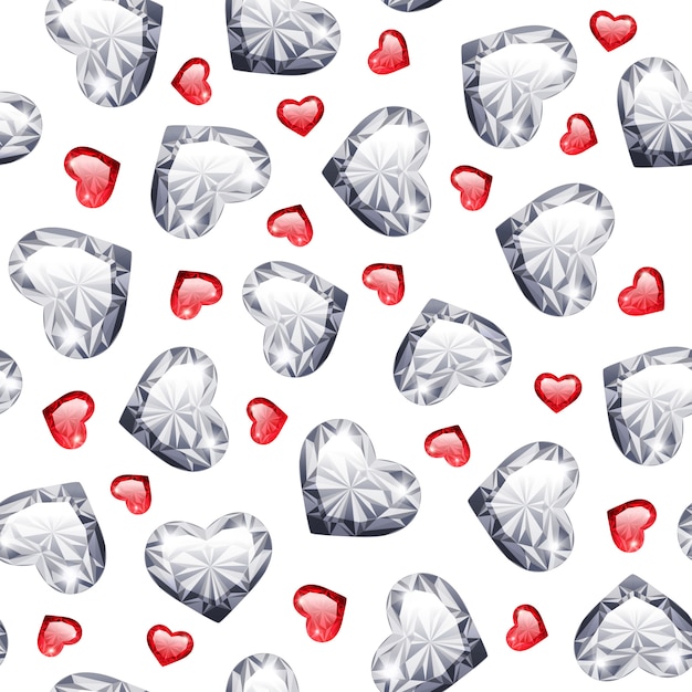 Vector ruby and diamond gem hearts seamless pattern