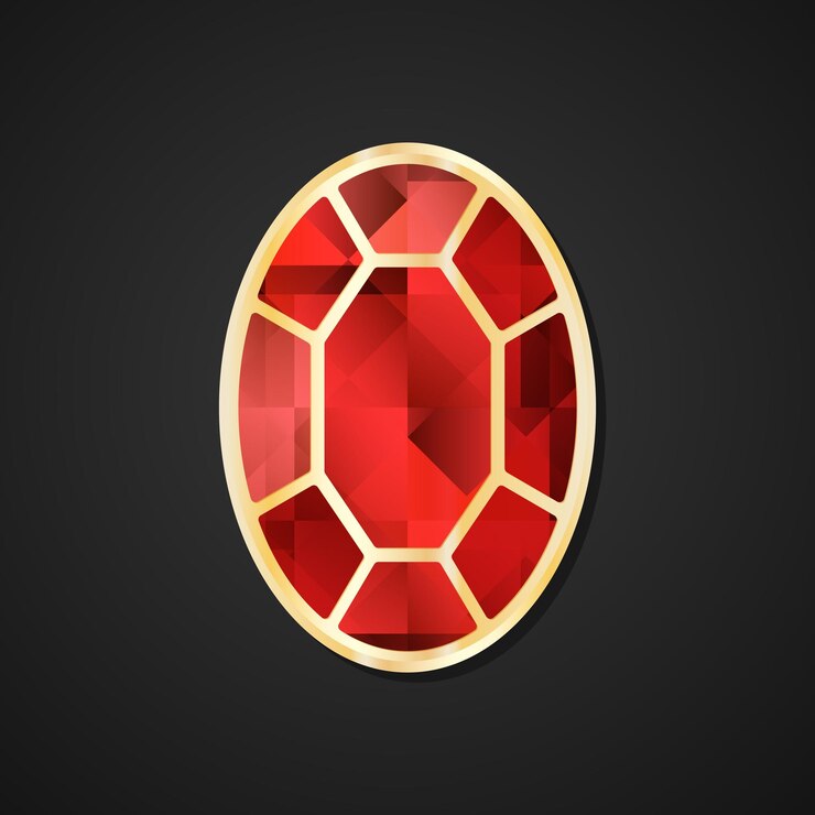 Vector ruby flat illustration stylized red faceted crystal in a gold frame