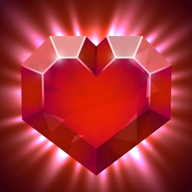 Ruby gem in form of heart with light beams.