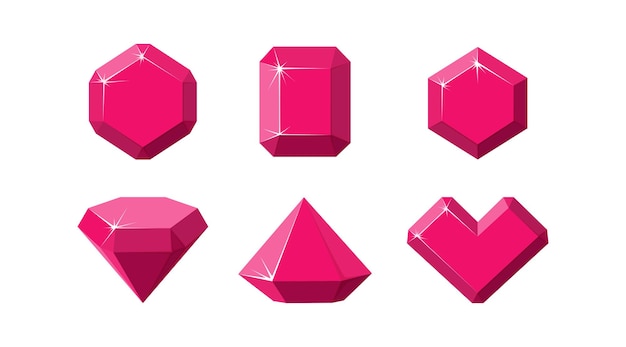 Vector ruby gemstones of different shapes. red ruby crystals isolated in white background