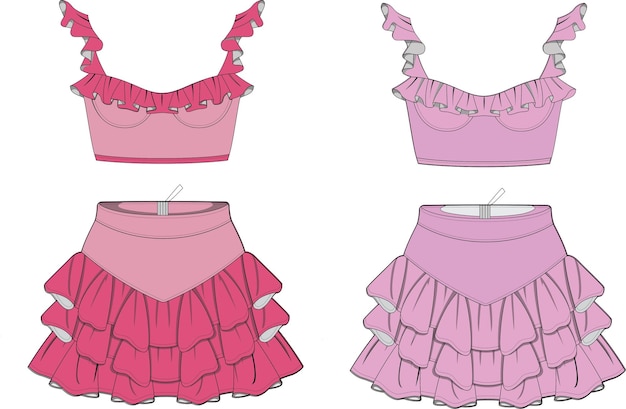 Ruffle crop en Multilayer shorts Platte schets technische tekening vector illustratie sjabloon