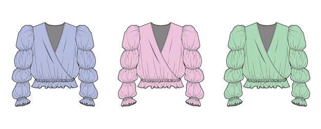 Вектор Обрезанная блузка с оборками, плоский эскиз, технический рисунок, векторный шаблон иллюстрации