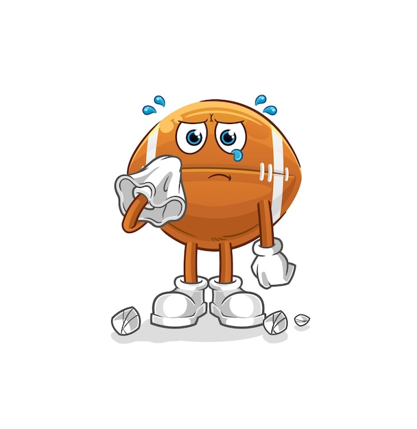 rugby ball cry with a tissue. cartoon mascot vector