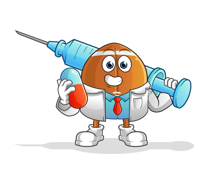 Vector 薬と注射を保持しているラグビーボールドクター