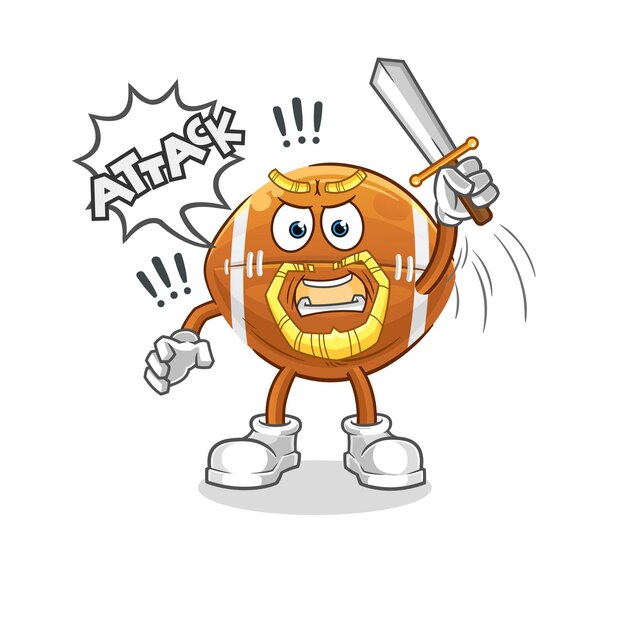 Rugby ball knights attack with sword. cartoon mascot vector