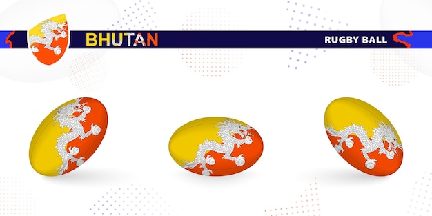 Vector rugby ball set with the flag of bhutan in various angles on abstract background