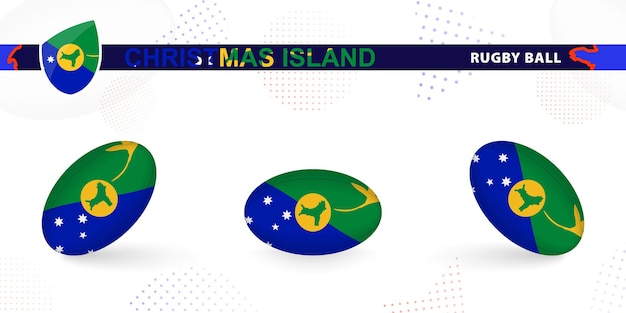 Rugby ball set with the flag of Christmas Island in various angles on abstract background