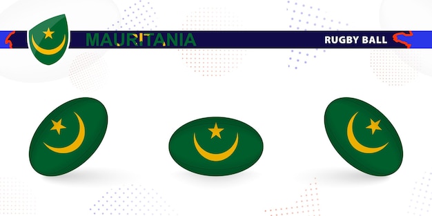 Rugby ball set with the flag of Mauritania in various angles on abstract background