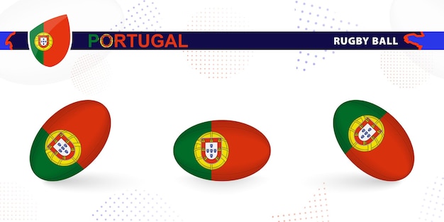Rugby ball set with the flag of Portugal in various angles on abstract background